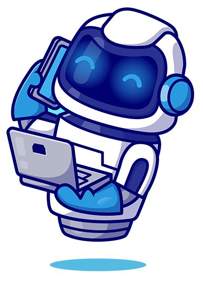 a white and blue robot holding a computer