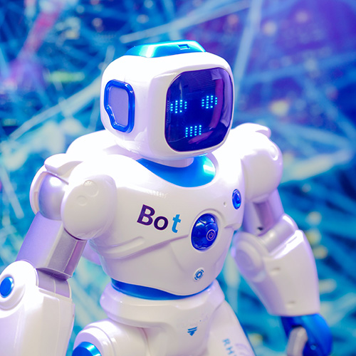 a white robot with a blue and purple background